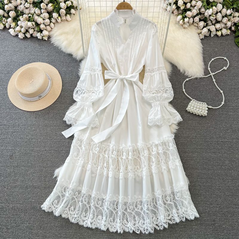

Fashion Socialite Temperament Long Sleeve V Neck Pleated Waist Tight Slim Looking A- line Cut Out Lace Dress Elegance Large Swing Dress White 2XL
