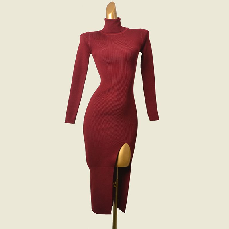 

Fashion Brand Pure Color Base Skirt Fashion Style Turtleneck Silm High Slit Sexy Knitting Hip Bag Dress Burgundy L
