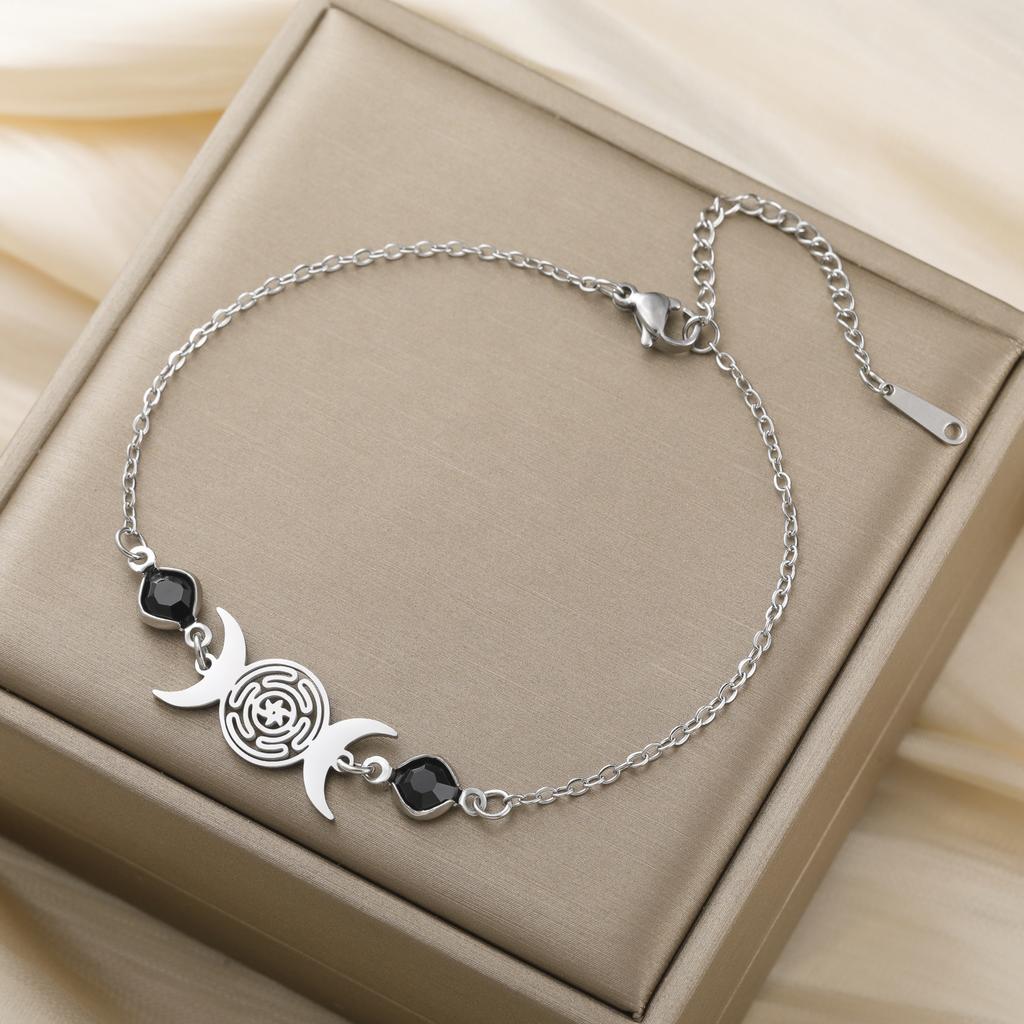 Triple Moon Goddess Bracelet Adjustable Black Rope Wiccan Pagan Jewelry Gift for Women Hecate Wheel