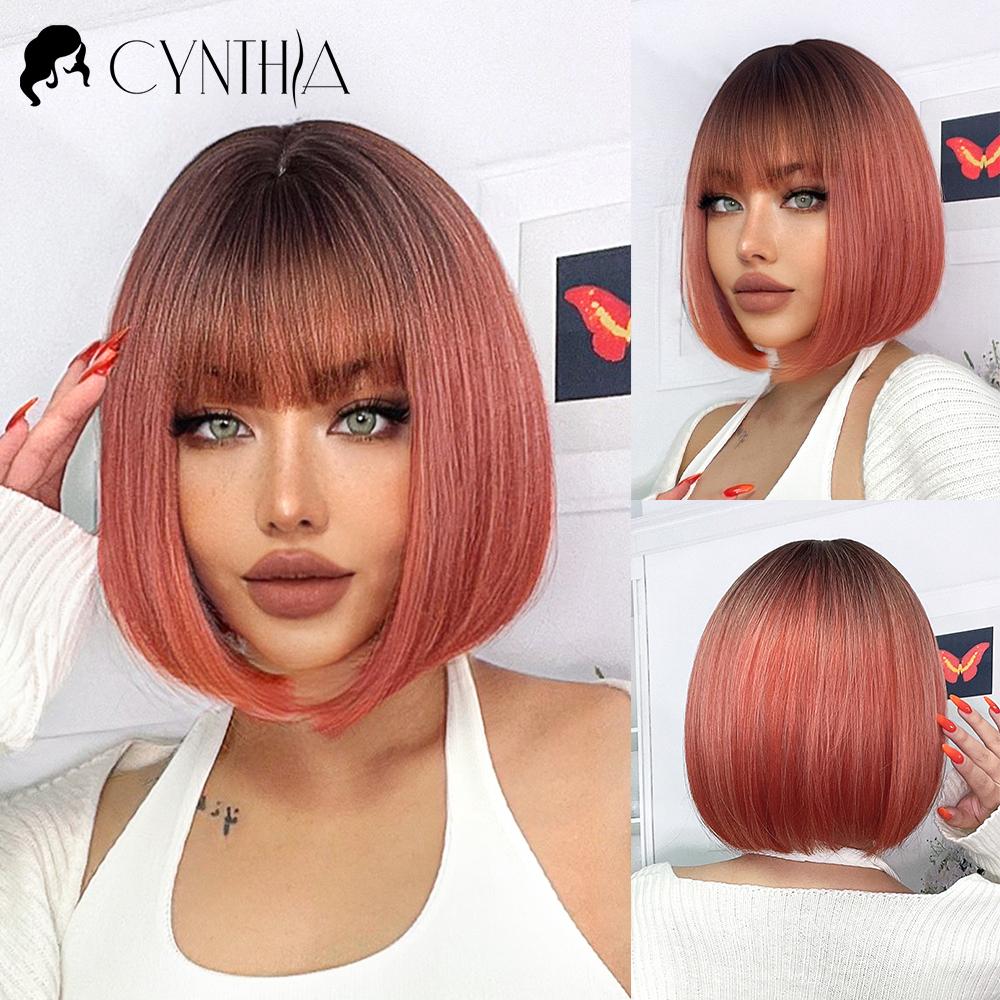 Green Short Bob Hair Synthetic Wig For Woman With Bangs Blonde Ombre Pink Cosplay Lolita Party Heat Resistant Daily Natural Hair