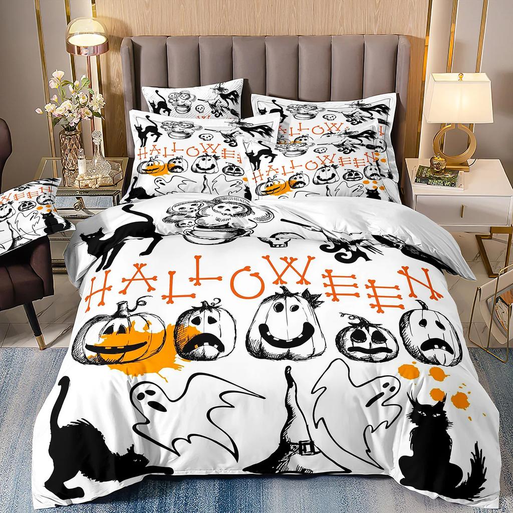 Halloween Bettbezug 3D Digitaldruck Bettwäsche Dreiteiliges Set Kürbis Fledermaus Kissenbezug
