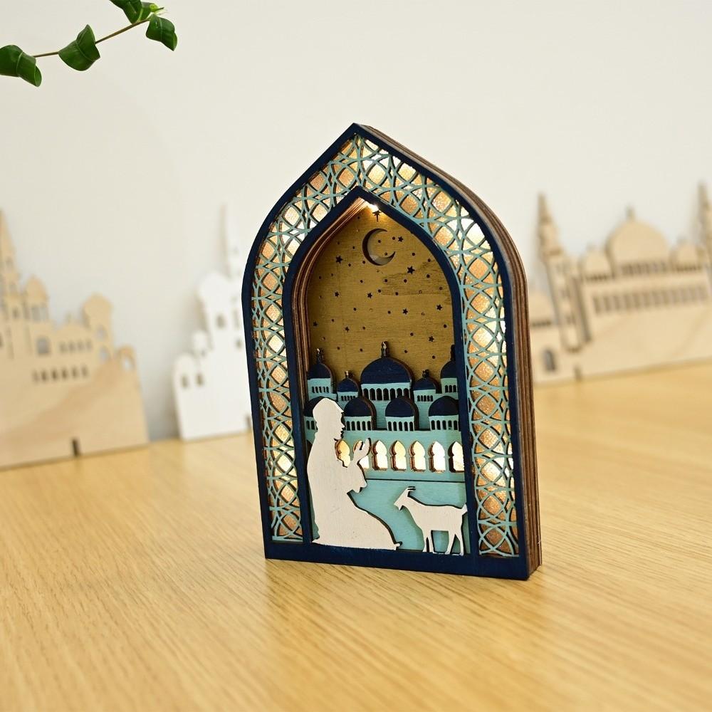 Creative Night Light Ornament LED Eid Wooden Decoration Handmade Eid Desktop Ornament  Scene Layout
