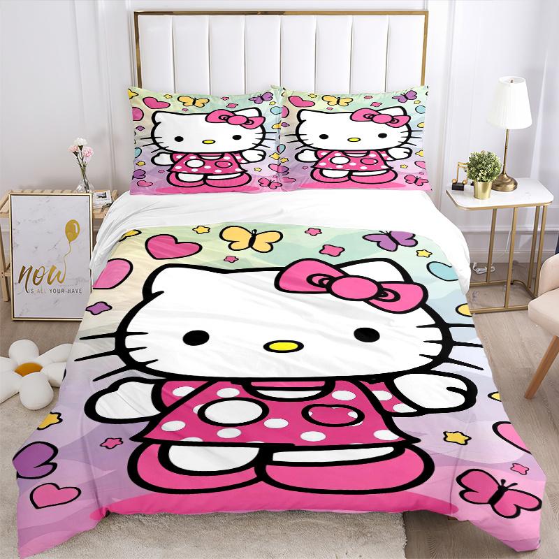 3pcs Hello Kitty & Butterfly Bedding Set, Including 1 Quilt Cover and 2 Pillow Shams, Without Filling, Soft and Comfortable Home Bedroom W033