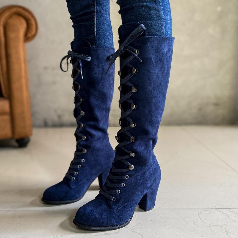 High-heeled Fashion Boots 2025 Winter New Slimming Plus-size Thick-heeled Cross-strap Boots