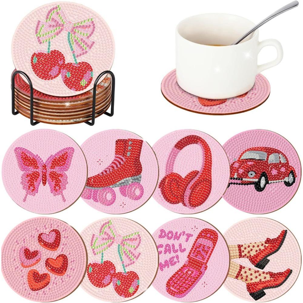

DIY Diamond Painting Point Diamond Coaster, Full Diamond Round Valentine s Day Thermal Insulation Mat, Diamond Painting Coaster