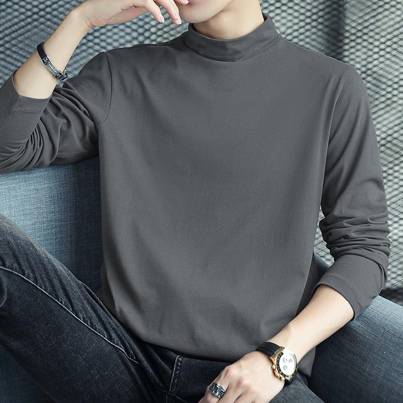 Men's Long Sleeve Cotton T-Shirt, Semi-High Neck, Solid Color Base Layer for Autumn/Winter