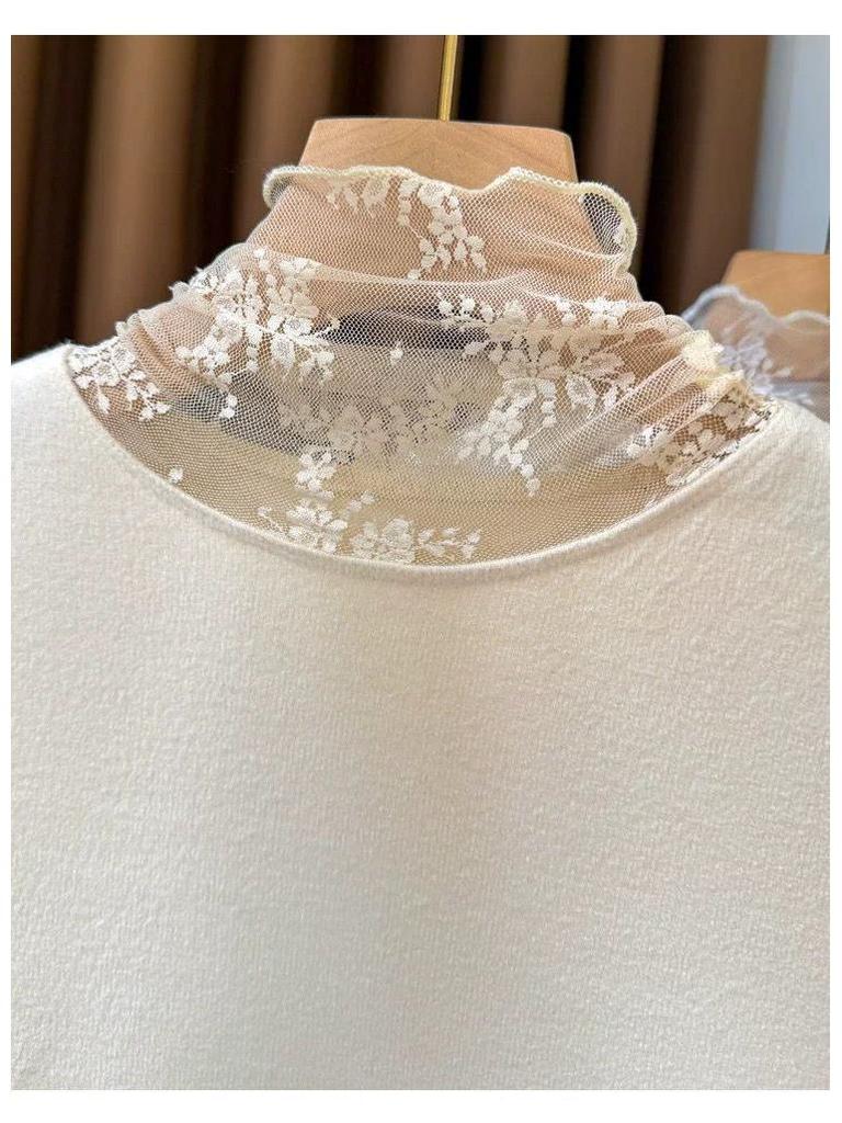Damen Hochhals Spitzen-Patchwork Lagen-Langarm-T-Shirt für den frühen Herbst