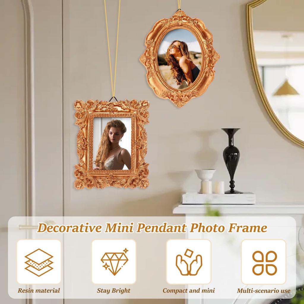6 Pcs Mini Vintage Picture Frame Wall Hanging Resin Small Photo Frame Ornament Picture Frames with Lanyard for Room Home Decor