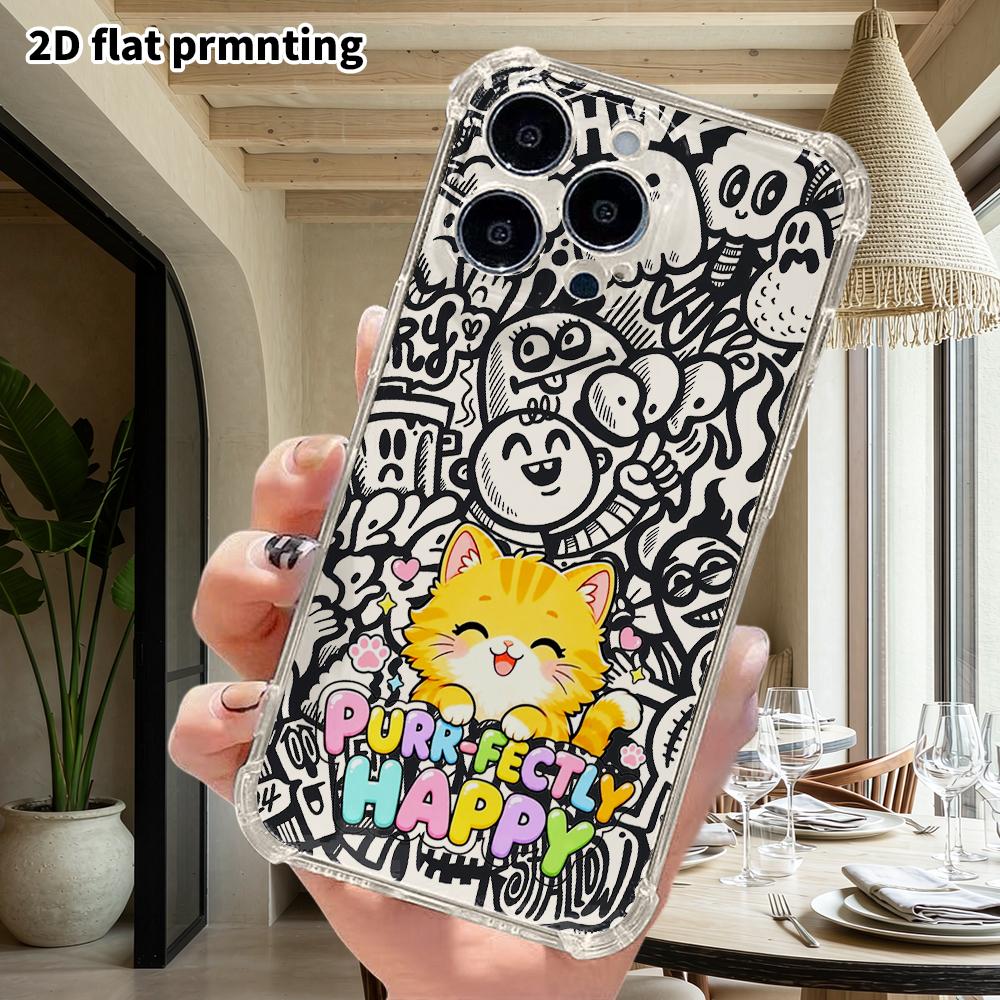 Phone Case: 2D flat suitable for iPhone 18 17 16 15 14 13 Pro, transparent four corner protective case, orange cat, Christmas and Halloween gifts
