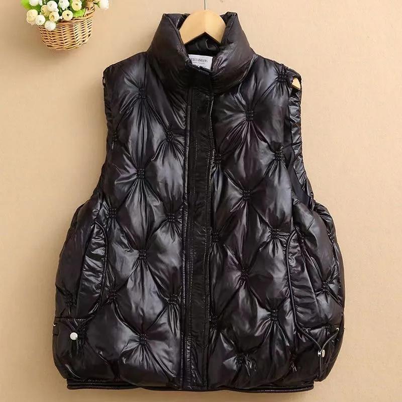 Gilet court rembourré pour femmes automne hiver grande taille col montant vêtement d'extérieur épaules amples loisirs col rond sans manches cardigan vêtement d'extérieur