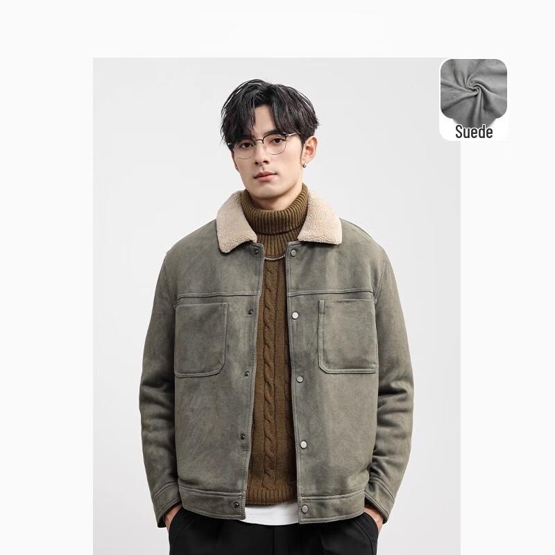 ROMON Men's Faux Suede Short Loose Fit Lapel Jacket