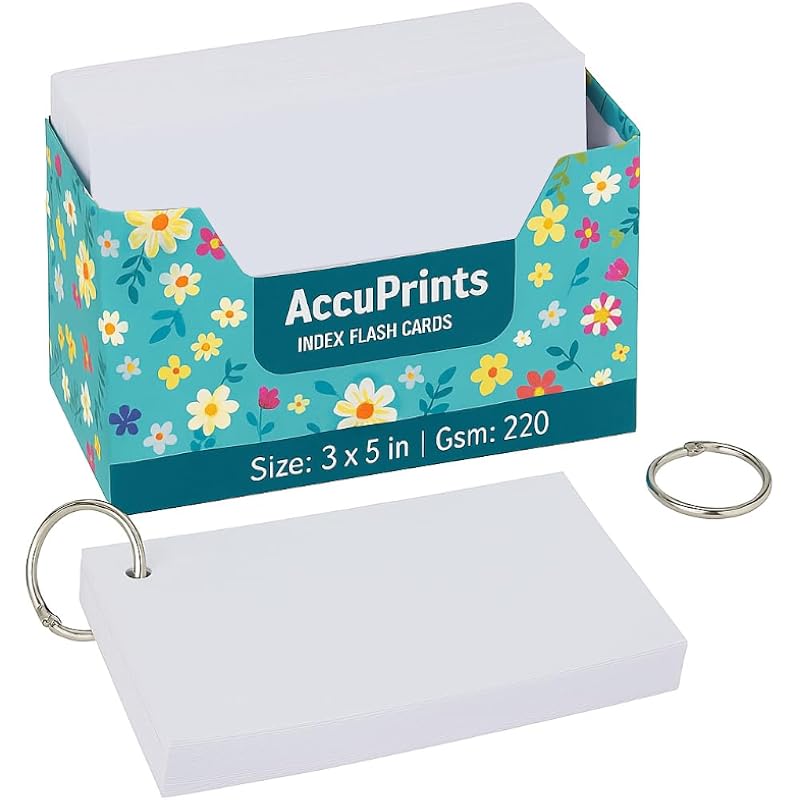 Accuprints Unruled Index Flashcard - 3X5 Inch, White, 100 Cards, 220 Gsm - With Free Binder Rings For Short Notes, Cue C