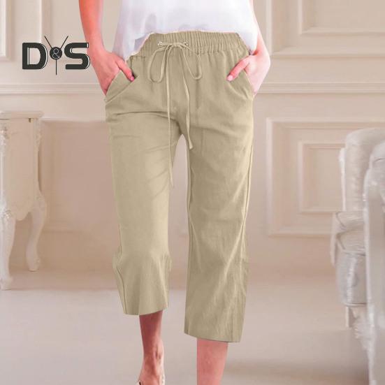 Frauen Sommer Hosen Jogginghose Einfarbig Gerade Weiche Elastische Taille Kordelzug Hosen Mittlere waden Länge Geerntete Hosen