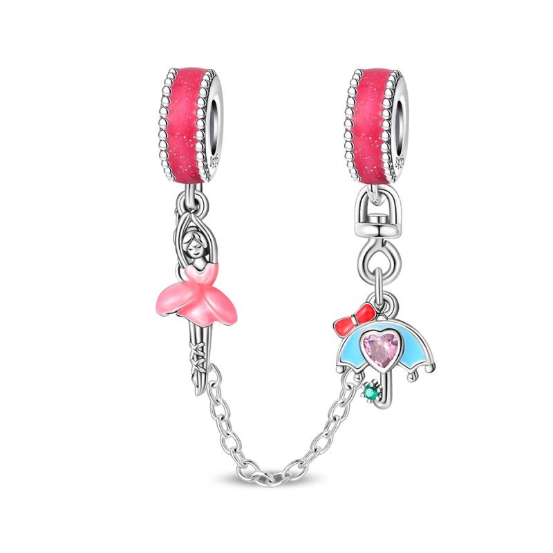 925 Silver Safety Chain Charm Bracelet Set Clover Lock Key Bear Peace Dove Fruit Decoration Beaded Fine Jewelry Gift