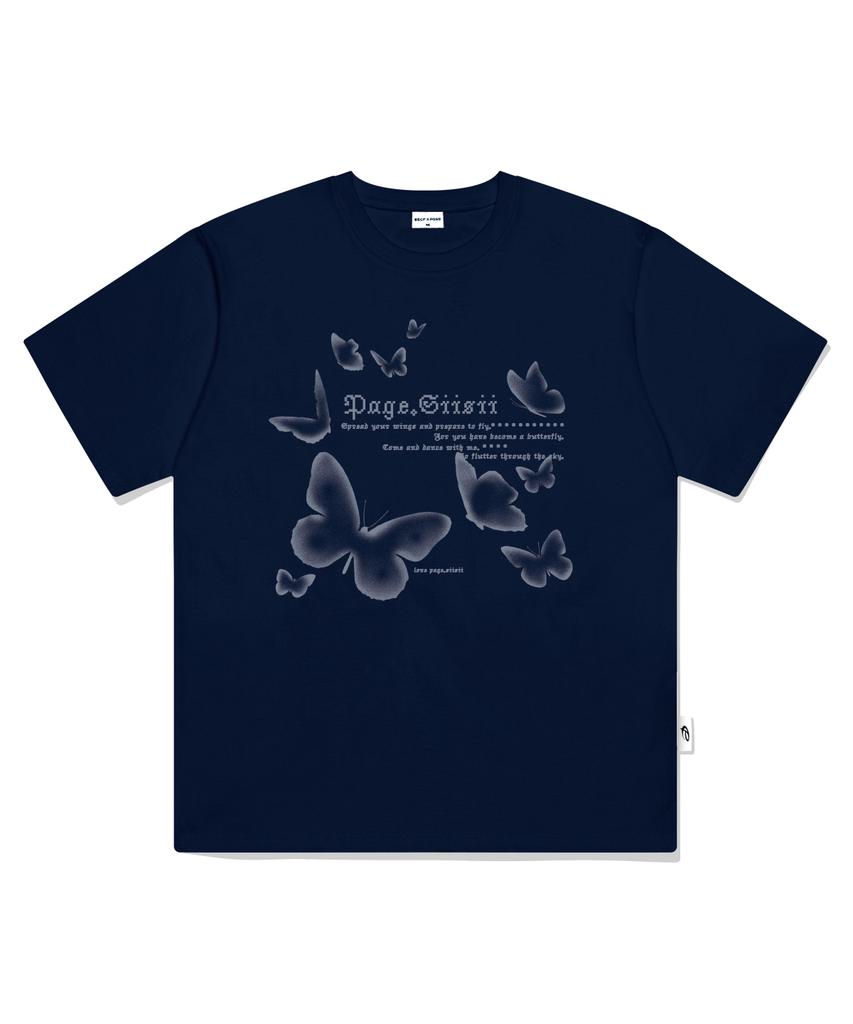 PAGESIISII Mosaic Butterfly Print Short Sleeve T-Shirt Navy