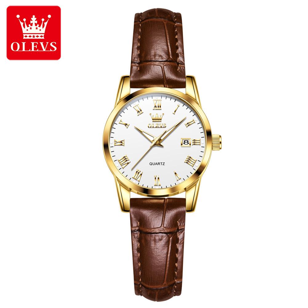 OLEVS 5892 Quartz Watches for Women Elegant Leather Strap Classic Dual Calendar Simple Waterproof Luminous Business Ladies Watch