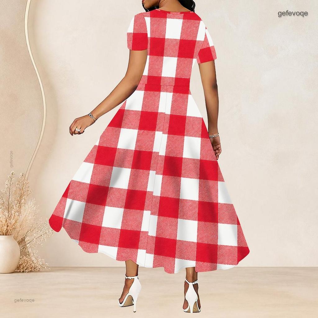 Women Plus Size White Printed Round Neck Short Sleeve Gathered Waist A Line Long Dress