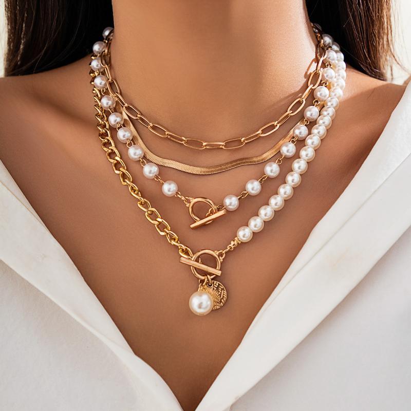 Vintage Gold Color Multiple Styles Imitation Pearl Necklace For Women Boho Trendy Multi-Layer Crystal Pendant Necklaces Jewelry