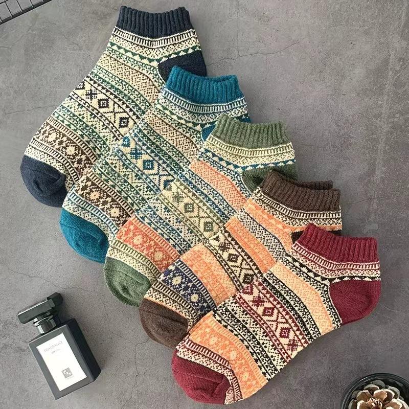 Men's Socks, Retro Ethnic Style Boat Socks, Double Spring and Autumn Short Socks, Thick Thread Trendy Socks, Sweat-absorbing Cotton Socks