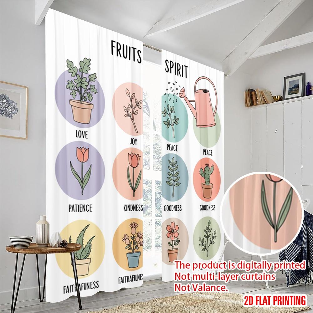 2pcs 2D Flat Printing Window Treatment Curtains Fruits Spirit Love Joy Peace Fabric Without Electricity Birthday Party Perfect