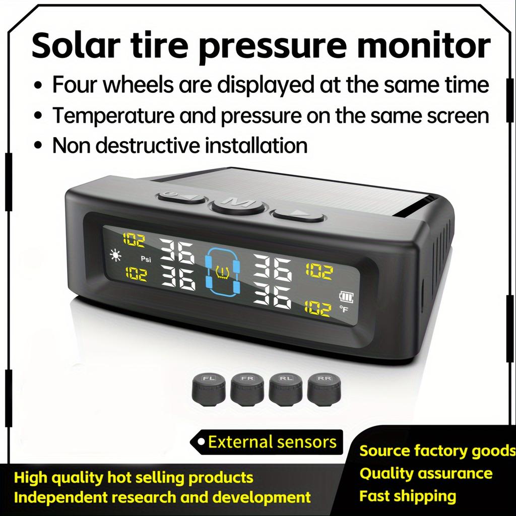 TPMS Däcktrycksövervakningssystem Bil Säkerhetslarmsystem Trådlös Sol-/USB-driven 4 Sensorer med Färgdigital Display