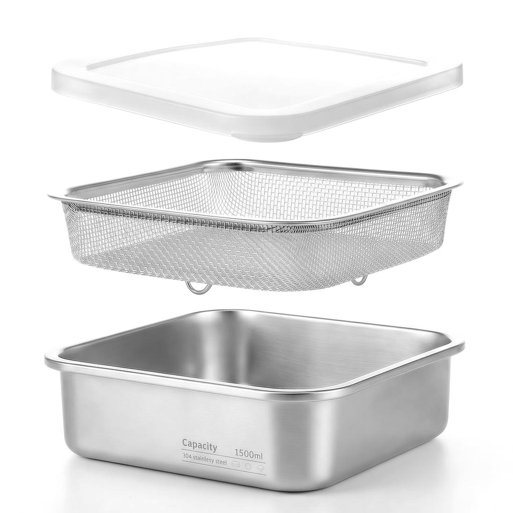 2 in 1 Bento Lunch Box Stainless Steel Food Storage Container Fruit Washing Up Bowl Strainer  Draining Airtight Crisper Box