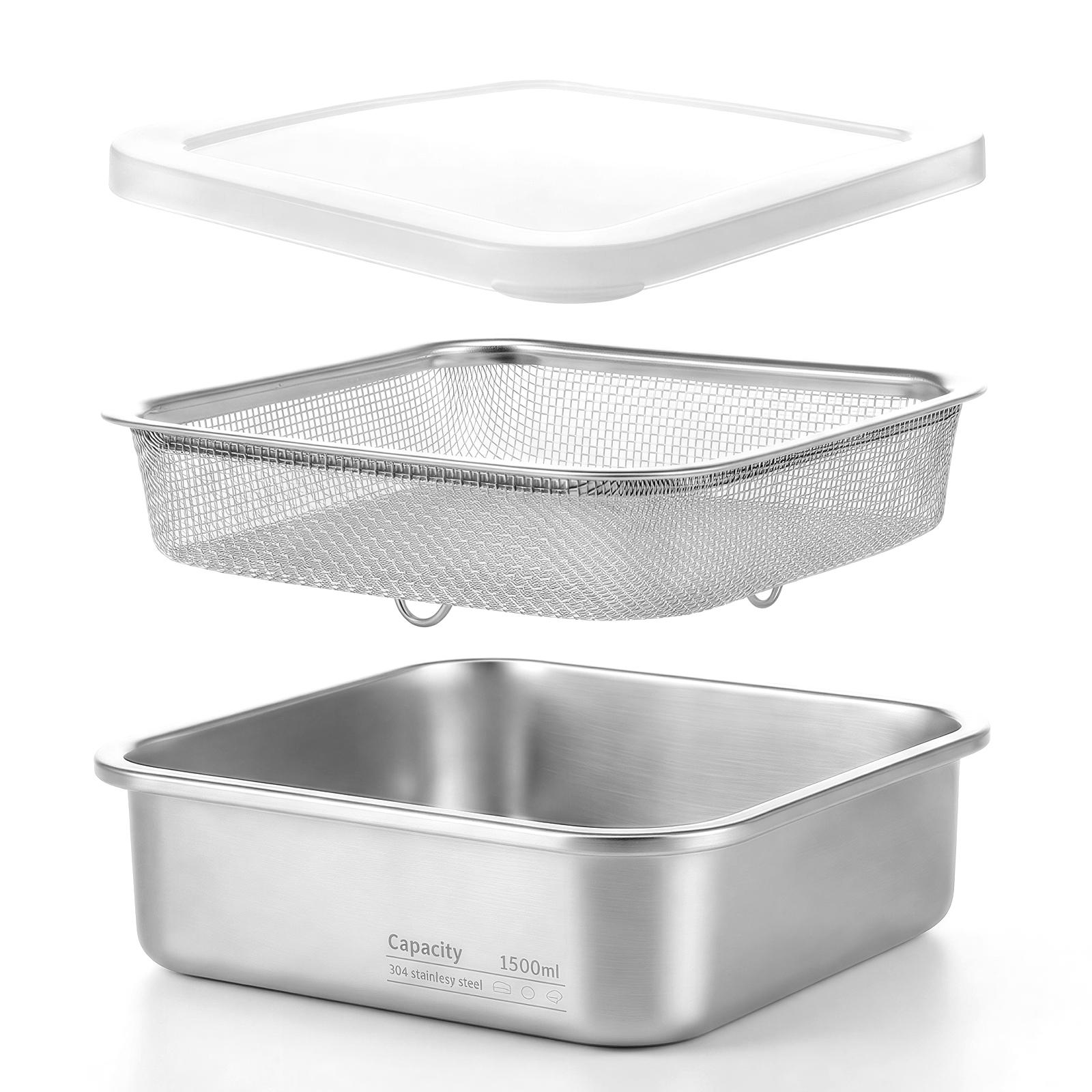 2 in 1 Bento Lunch Box Stainless Steel Food Storage Container Fruit Washing Up Bowl Strainer  Draining Airtight Crisper Box