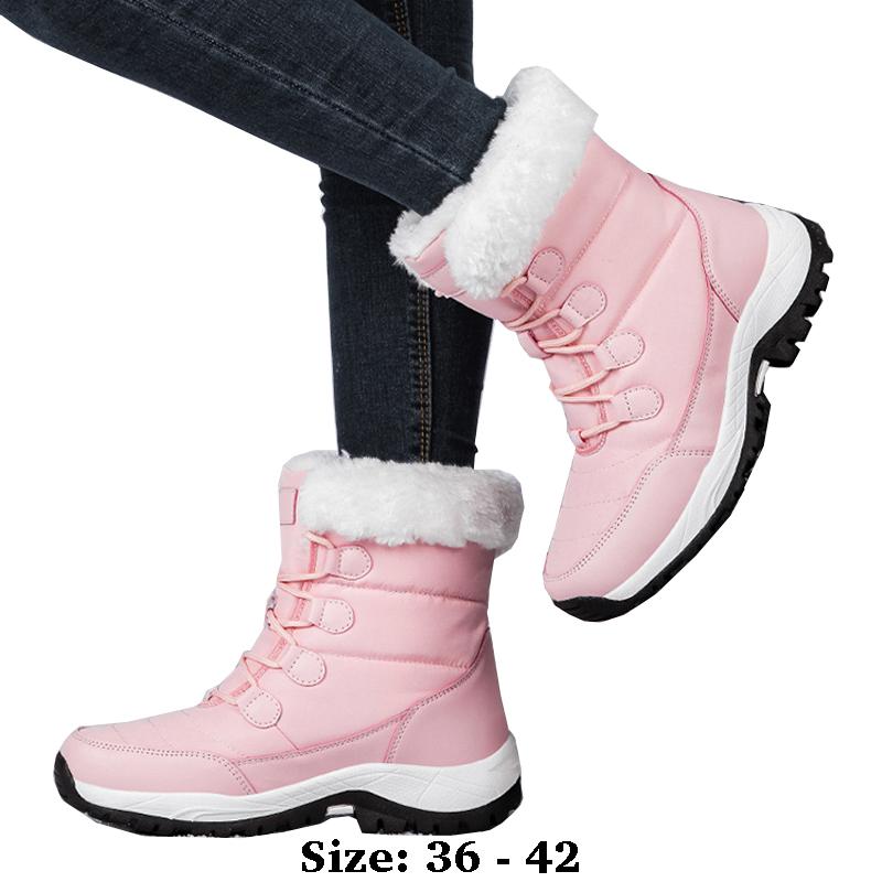 High Quality Ankle Length Cotton Snow Boots for Women Waterproof New Winter Outdoor Fur Plush Warm Walking Shoe White Pink