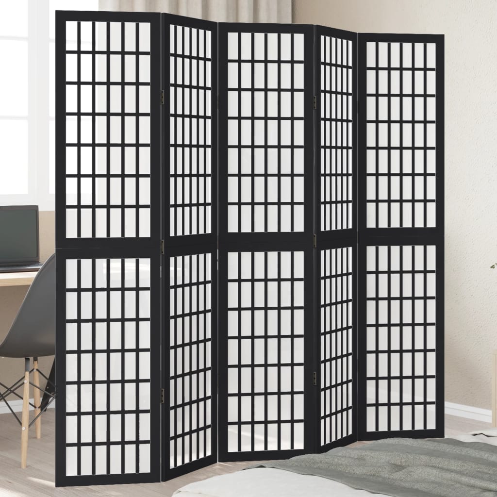5 Piece Black Solid Wood Paulownia Folding Screen