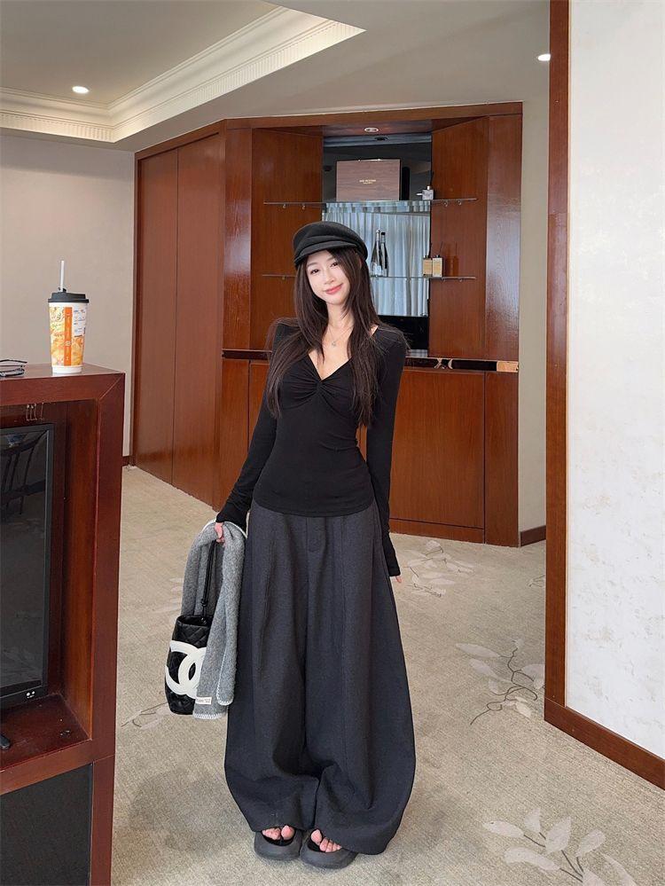 Women's 2025 Winter V-neck Knot Pleated Long Sleeve Slimming Top
