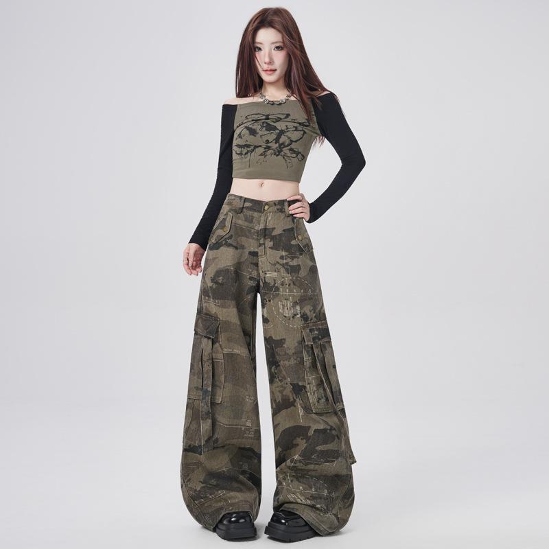 American High Street Design Overalls Wide-leg Denim Camouflage Casual Cool Spicy Style Mopping Women's Jeans