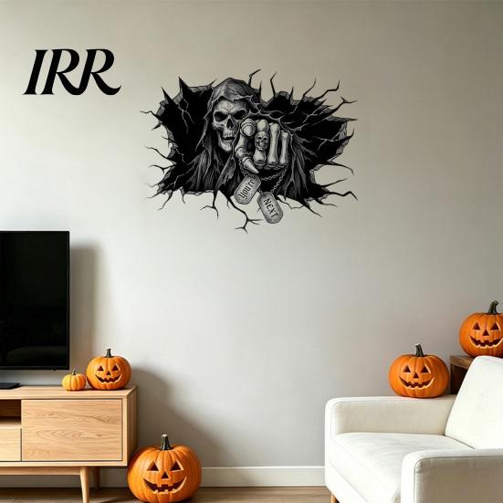 Large Size Skull Decal Grim Reaper Wall Sticker, 3D Breaking Through Art Decal, Spooky Room Decorations Scary Mural for Home Bar Pub Halloween