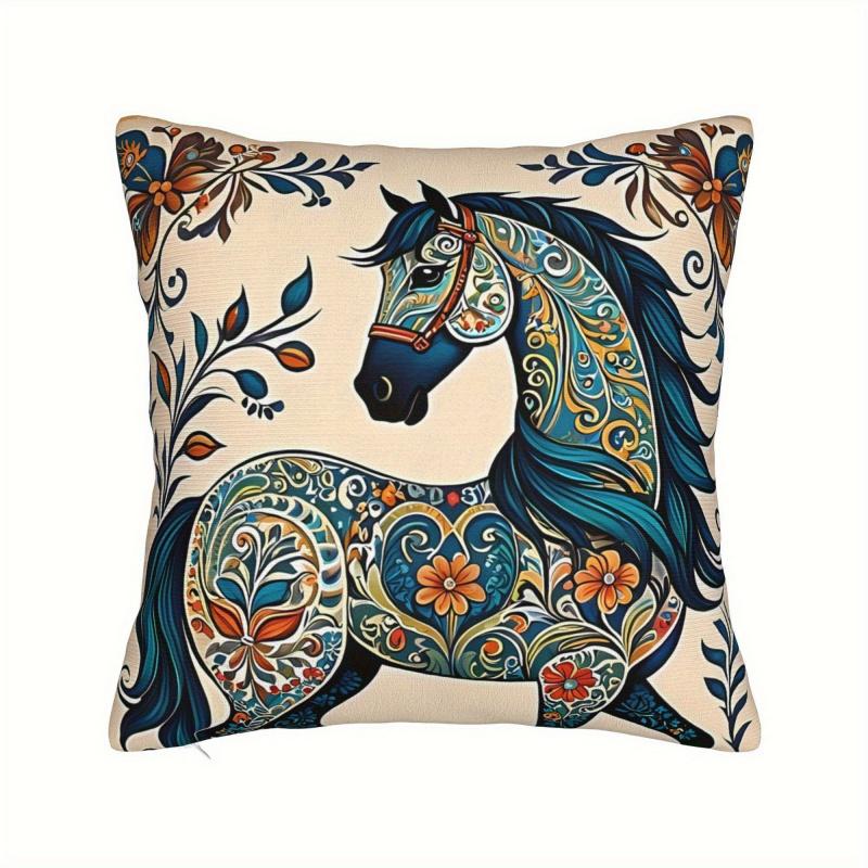 Vikama Bohemian-Style Horse Pillow Cover Soft Machine-Washable Decorative Cushion Case For Home Sofa Bedroom
