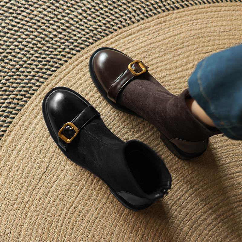 Krazing Po Microfiber Flock Winter Round Toe Size 33 Chelsea Boots Size 43 Zipper Metal Buckle Low Heels Ankle Boots