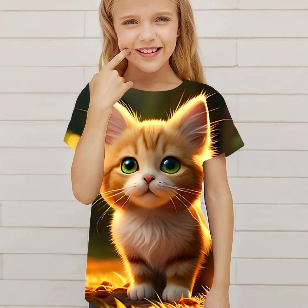 Children's clothing cute 3D cat pattern printed short sleeved top Children's clothing T-shirt casual pullover Children's boys and girls summer