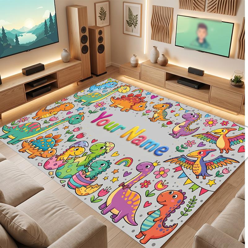 Dinosaur Theme Soft Crystal Velvet Rug Custom Name & Text Print Non Slip Floor Rug for Bedroom Living Room