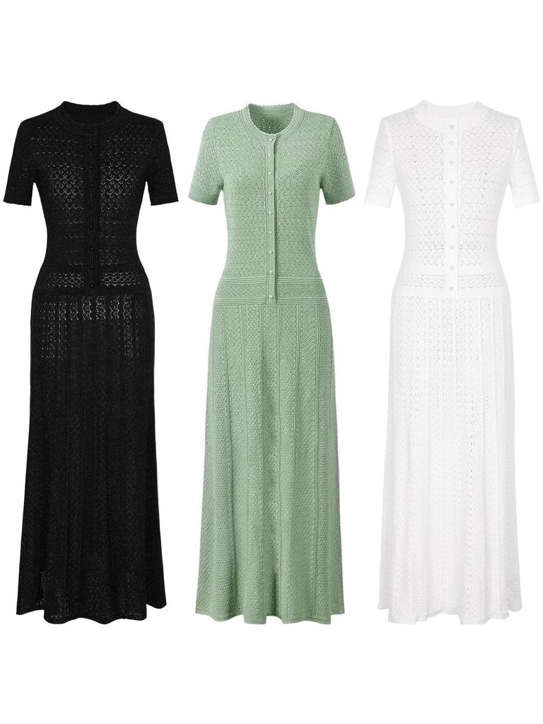 Rochie Lungă Elegantă S5 Primăvară/Vară cu Imprimeu Floral Francez, Decolteu Rotund, cu Nasturi