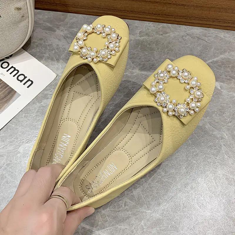 Fashion Pearl Woman Flats White Yellow Square Toe Shoes for Women High Quality Fashion Genuine Mark Casual Shoe Stylish on Offer 39 Sale