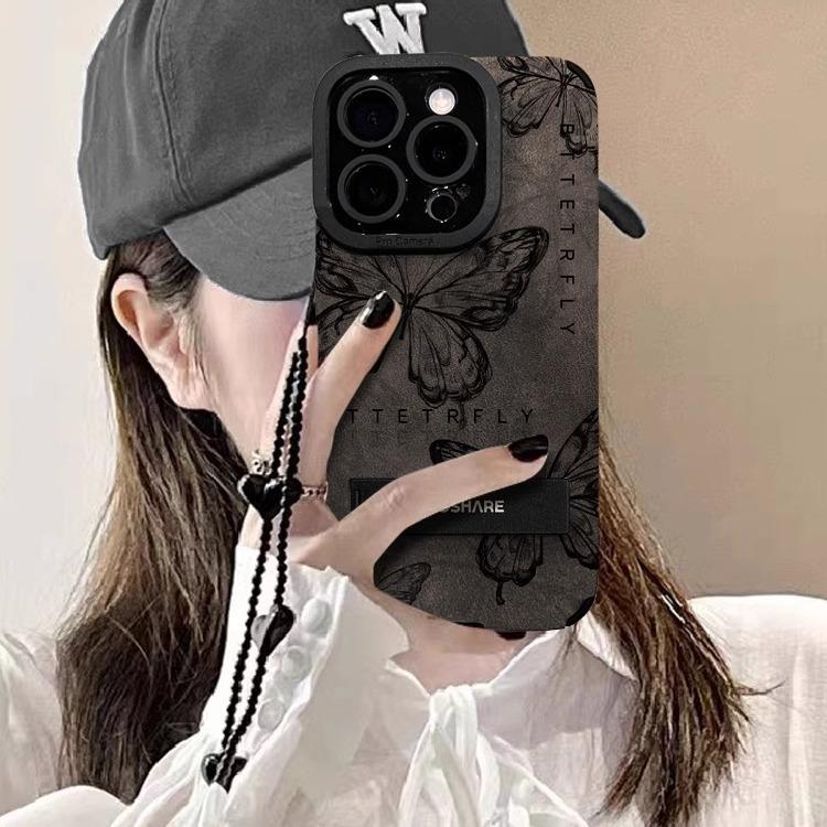 Retro Butterfly Leather Texture iPhone 15 Pro Max Suede Case with Women's Chain