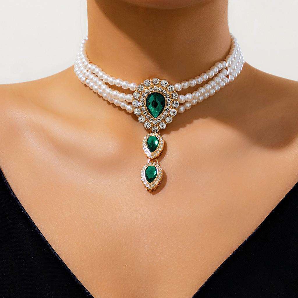 KunJoe Luxus Weißer Strass Tropfen Lange Choker Halskette Damen Vintage Mehrschichtige Imitationsperlen Perlenkette