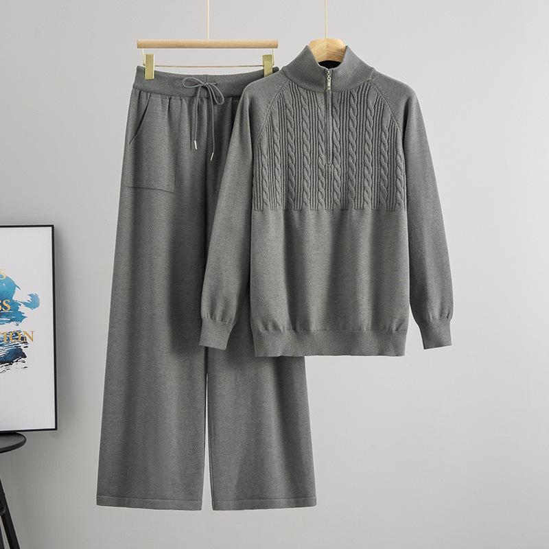 Women's Autumn/Winter Fashionable Knit Set: Half-Zip Sweater & Wide-Leg Pants