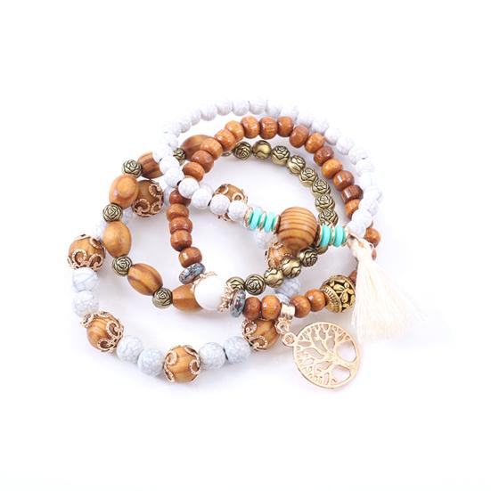 4Pcs Unisex Fashion Wooden Beads Tassel Strand Bangle Bracelet Jewelry Gift
