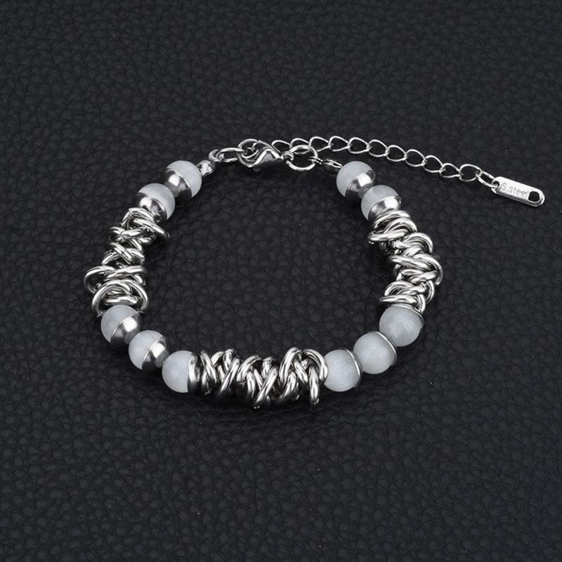 

Korean Style Teens Girls Stainless Steel Bracelet White Cat Eye Stone Beads Bracelets Hiphop Rock Wristband Friend Gifts