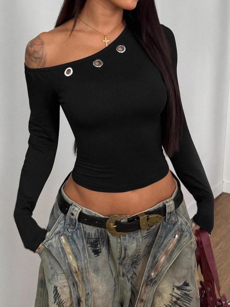 Asymmetrical Hollow-Out One-Shoulder Long-Sleeved Top for Women's Nightclub Fashion