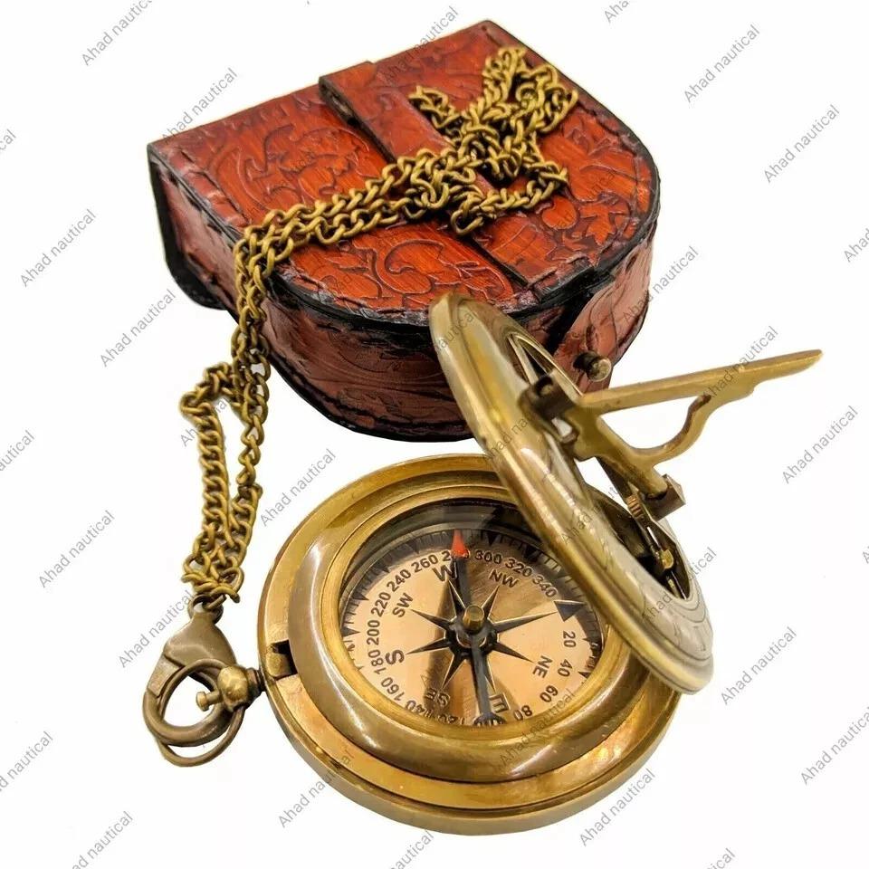 Nautical Pocket Sundial Compass With Leather Case