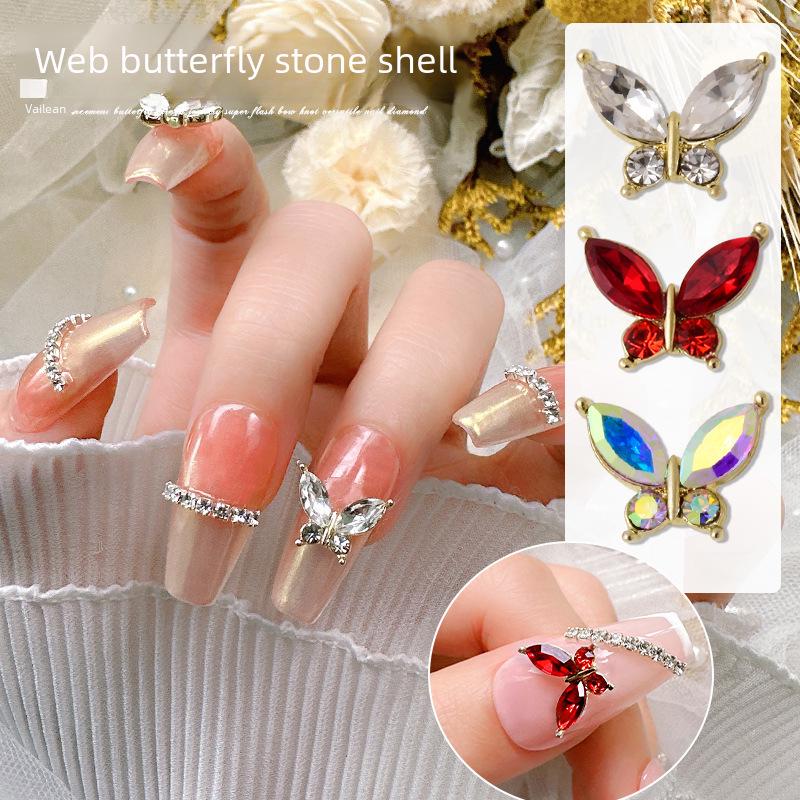 Luxury Crystal Butterfly Nail Art Accessories - Sparkling Gold & Red Design