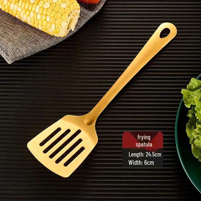 

Кухонний набір столових приборів з нержавіючої сталі з золотим покриттям у корейському стилі: Немагнітна черпалка, ложка з прорізами та лопатка для смаження.