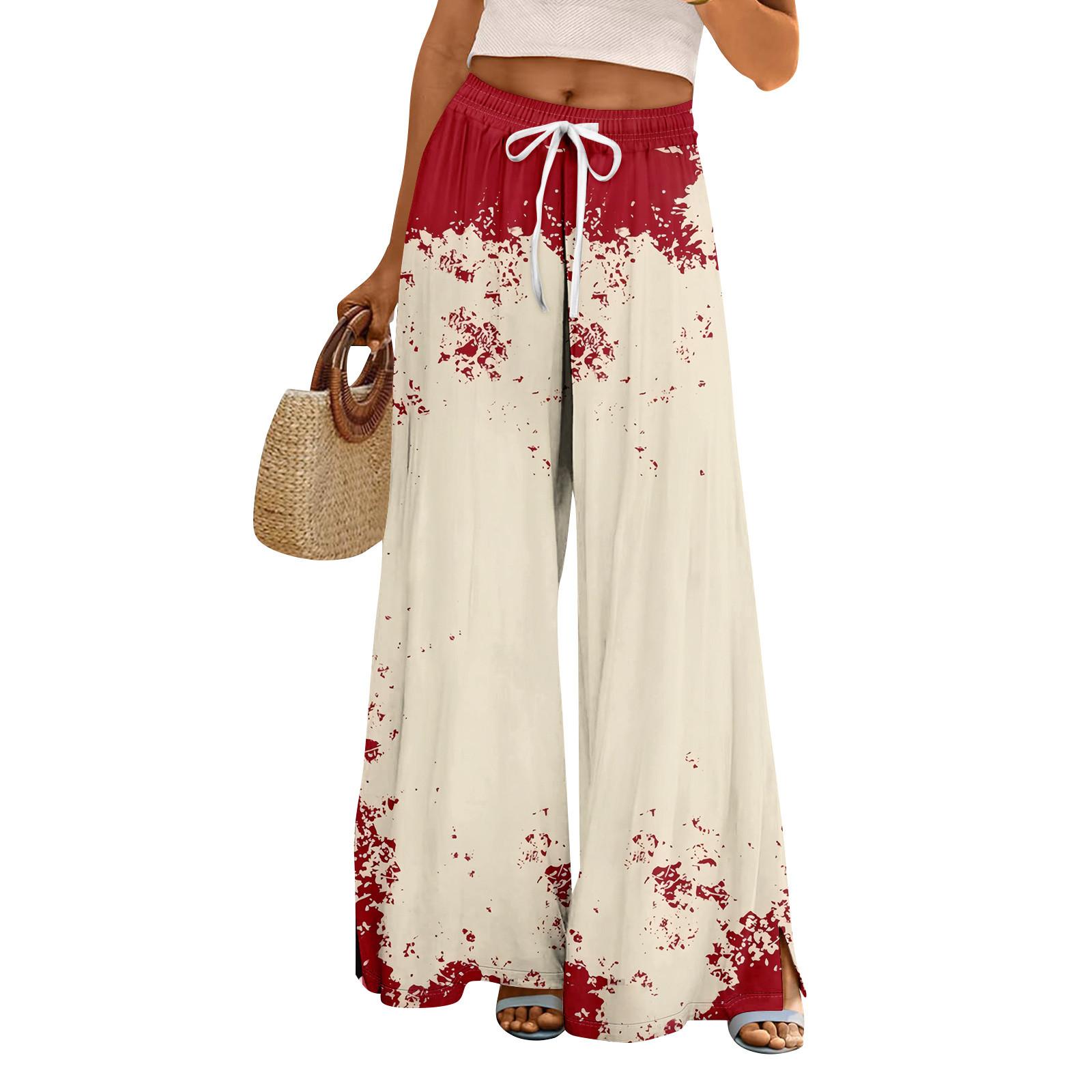 

Женские летние брюки палаццо в стиле бохо с высокой талией и широкими штанинами, с принтом на Хэллоуин, повседневные брюки с карманами XXL бежевый