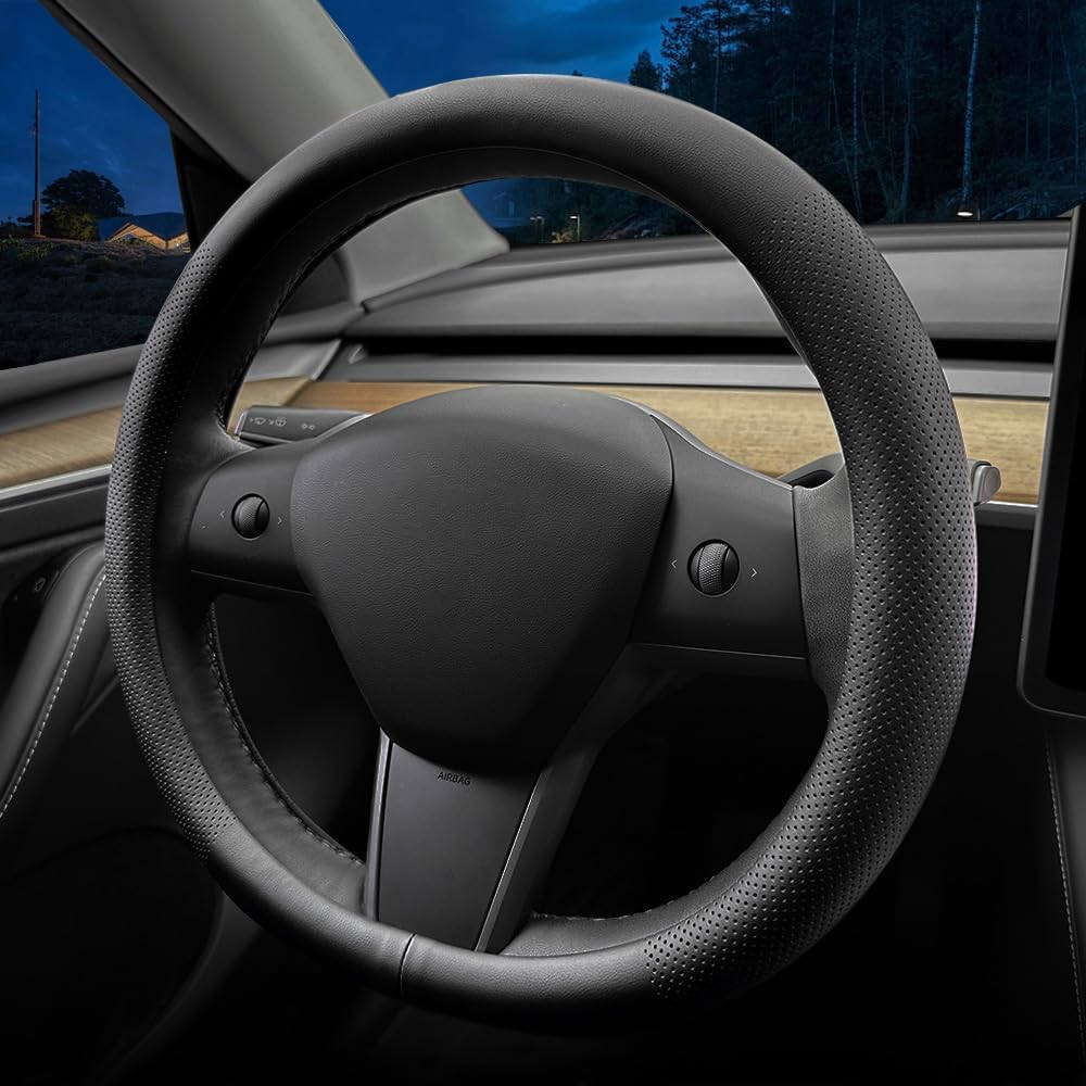 LKWLIKEI Nappa Leather Ultra-Thin Steering Wheel Cover, For Tesla Model 3/Y Steering Wheel Cover, Non-Slip Design And Interior Modification Of Car