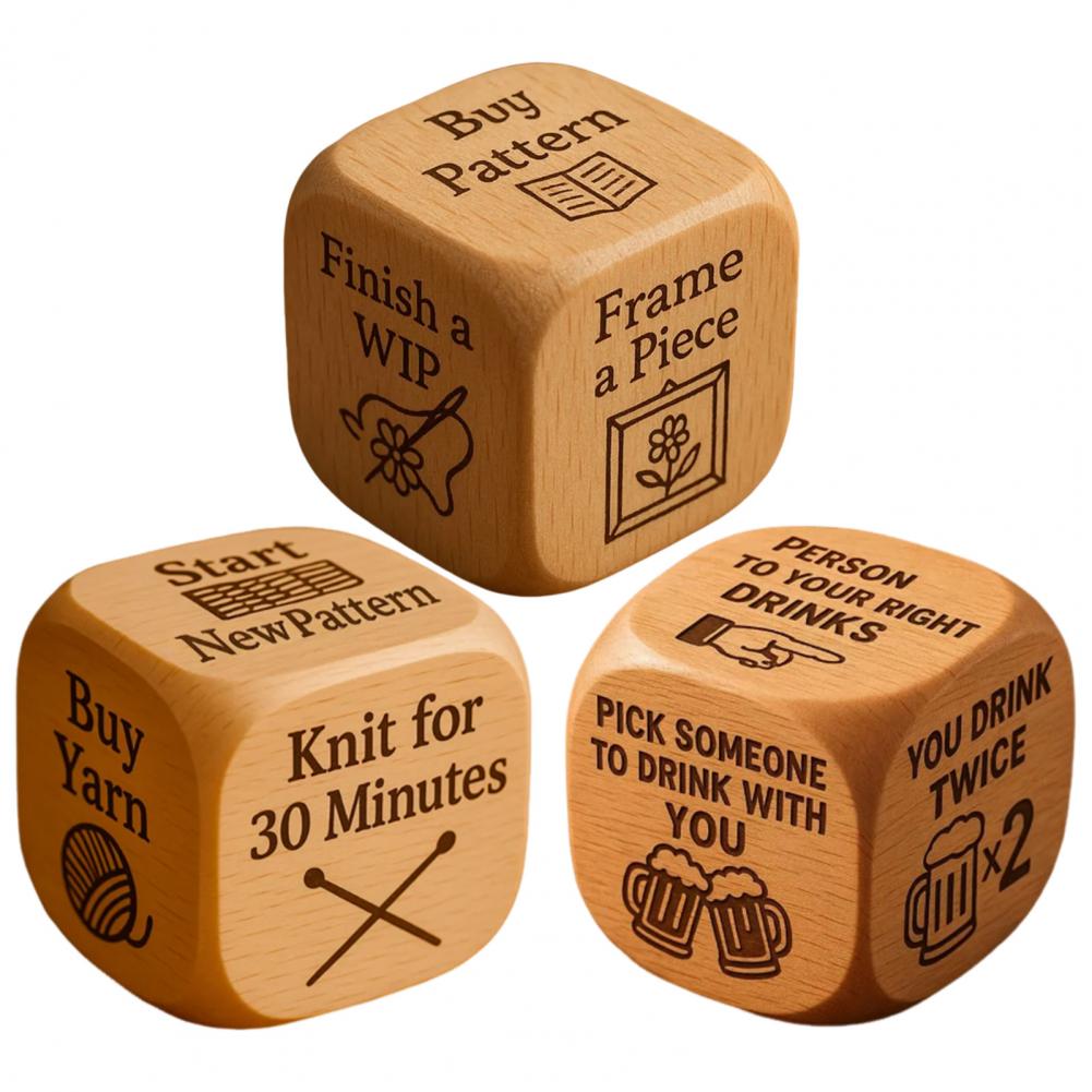 Handmade Wooden 6-Sided Decision Dice – Unique Gift for Knitting Embroidery Lovers, Fun Party Game & Stocking Stuffer for Men